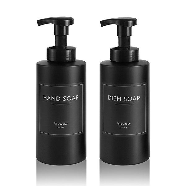 UUJOLY Foaming Soap Dispenser, 17 OZ Refillable Plastic Soap Pump Bottle for Liquid Soap, Shampoo, Body Wash, 2 Pcs, Black